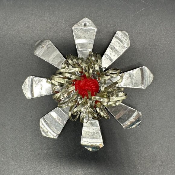 Vintage Christmas Ornament Aluminum Flower Red Button Handmade Mid Century - Picture 2 of 9
